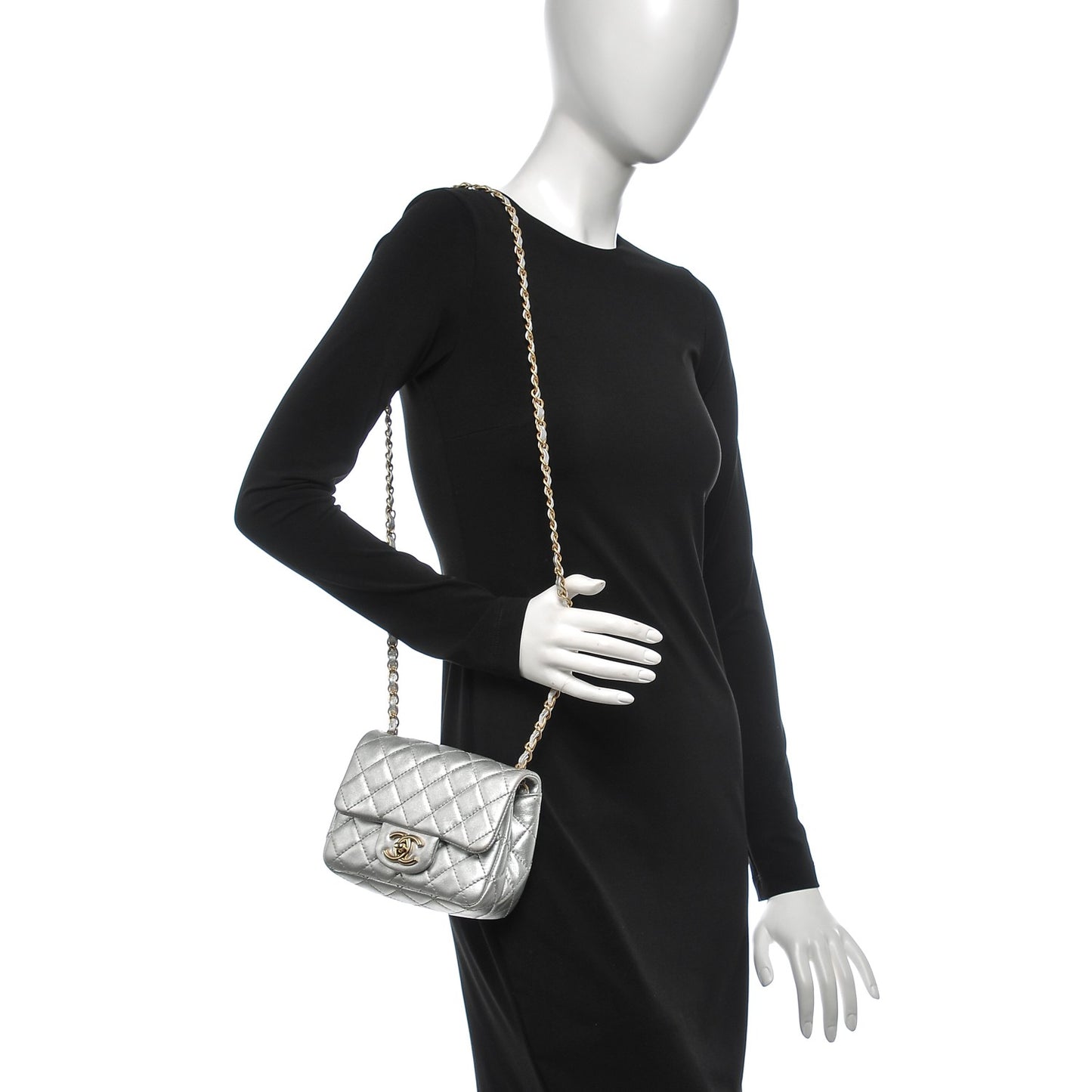 Metallic Lambskin Quilted Mini Square Flap Silver