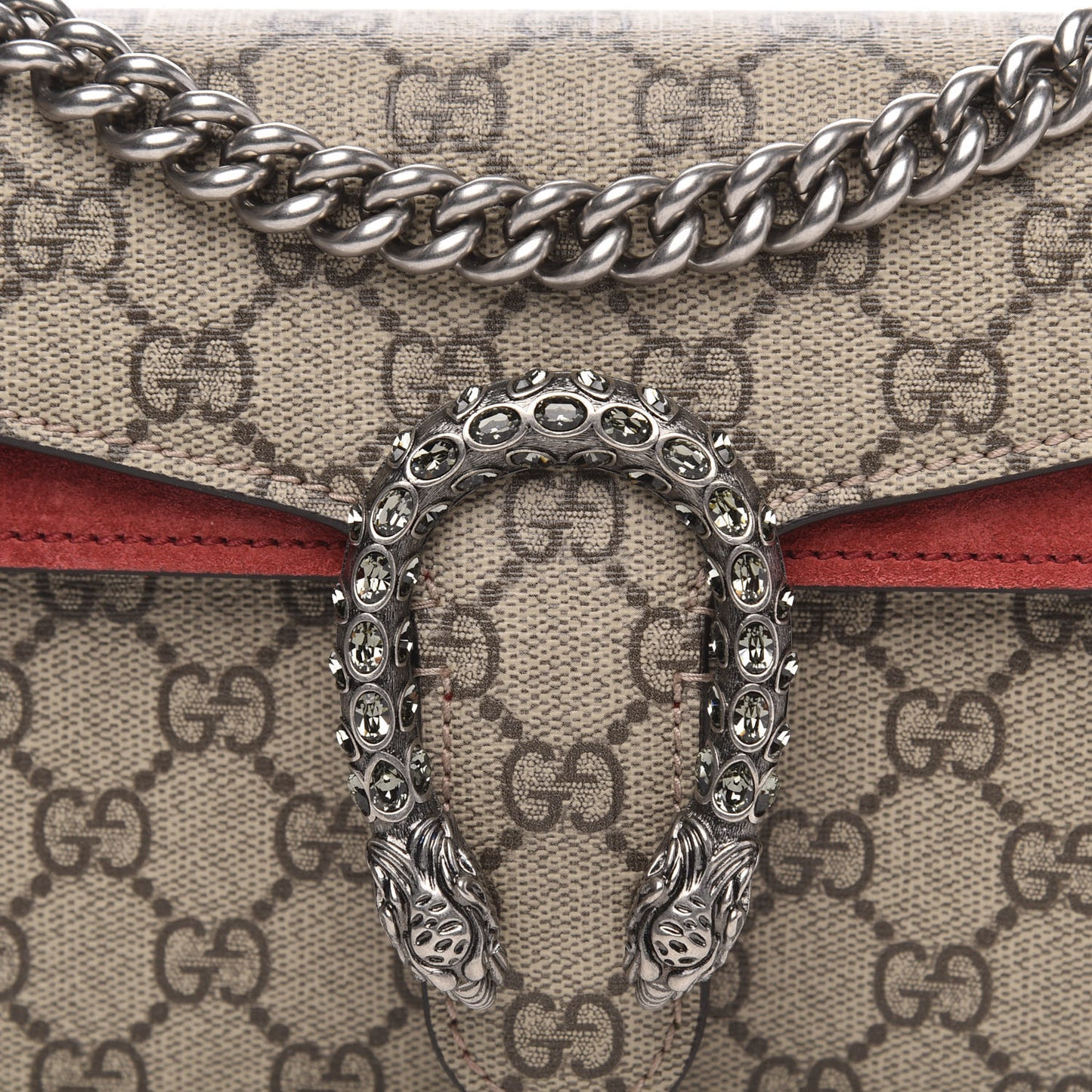 GG Supreme Monogram Suede Crystal Small Dionysus Shoulder Bag Beige Ebony Vulcanic Red