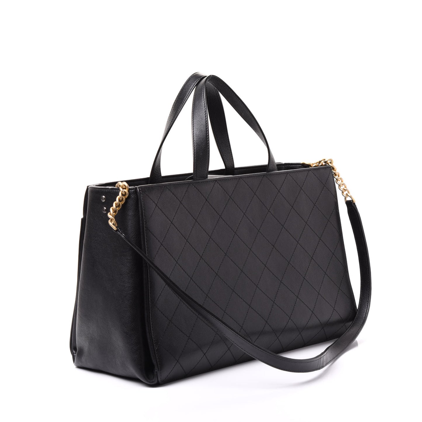 Calfskin Stitched Large Straight Lines Shopping Tote Black