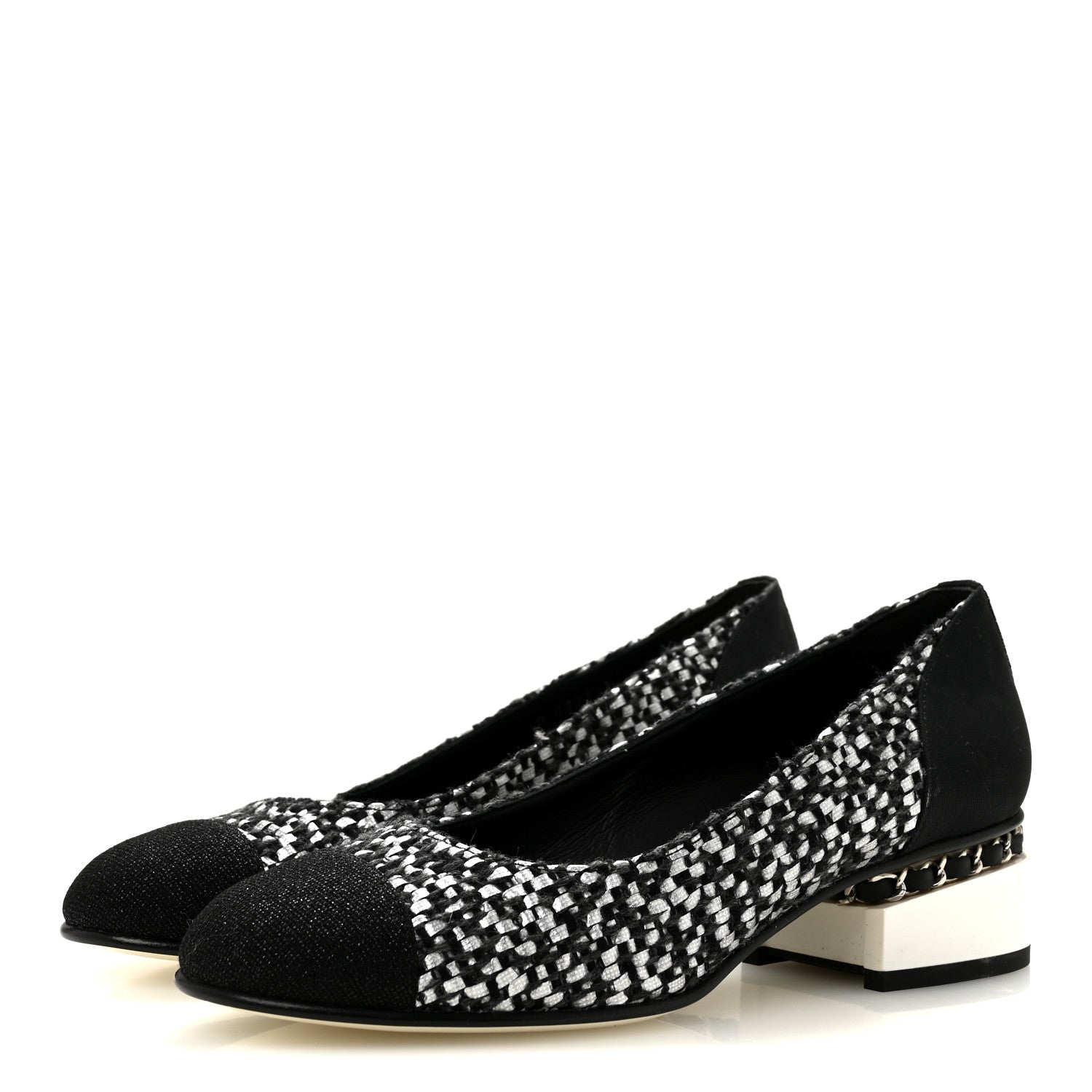 Chanel Tweed Grosgrain Chain Cap Toe Low Heel Pumps 37 Silver Grey Black 4 of 9