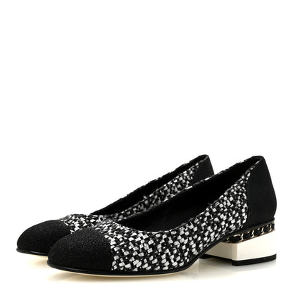 Chanel Tweed Grosgrain Chain Cap Toe Low Heel Pumps 37 Silver Grey Black 4 of 9
