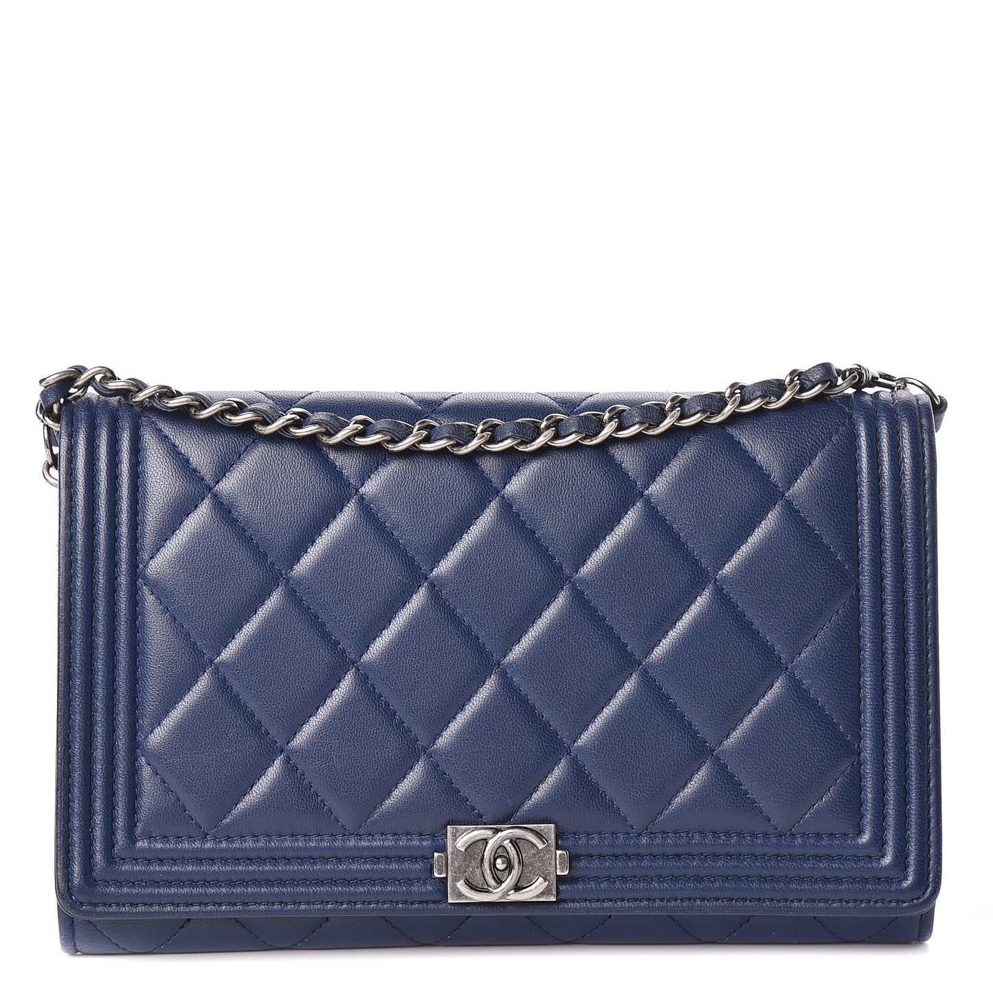 Lambskin Quilted Boy Wallet On Removable Chain WOC Navy Blue