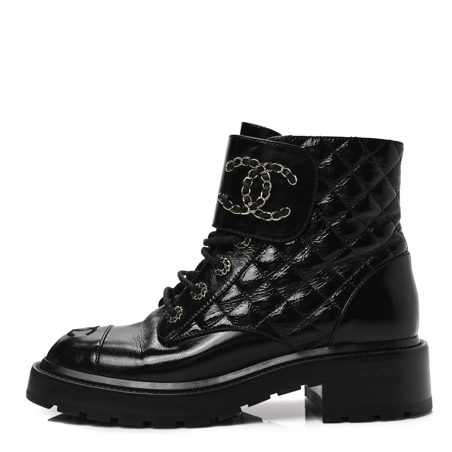 Shiny Calfskin Quilted Lace Up Combat Boots 39 Black