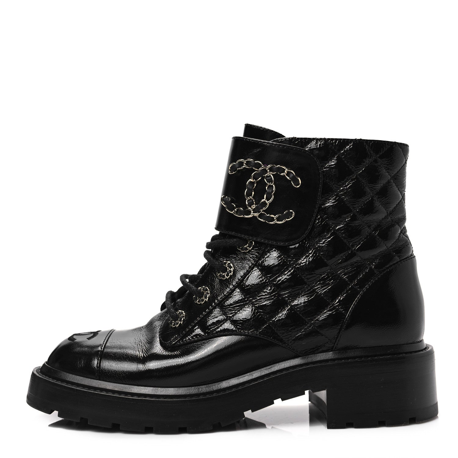 Chanel Shiny Calfskin Quilted Lace Up Combat Boots 39 Black 1 of 9