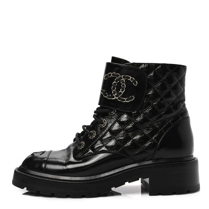 Chanel Shiny Calfskin Quilted Lace Up Combat Boots 39 Black 1 of 9