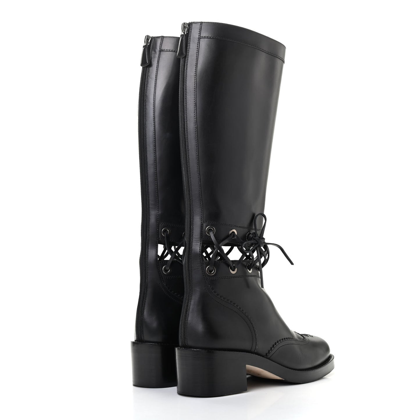Calfskin Lace Up Knee High Boots 40 Black