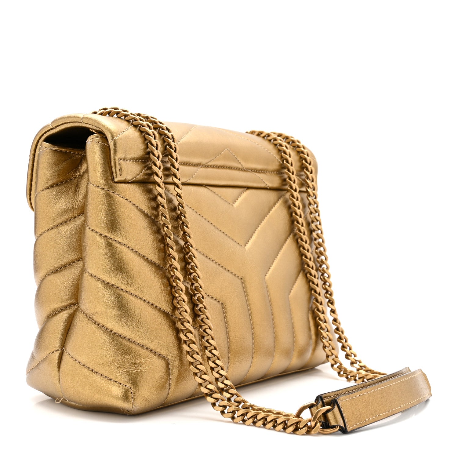 Saint Laurent Metallic Calfskin Y Quilted Small Loulou Monogram Chain Satchel Gold 3 of 12
