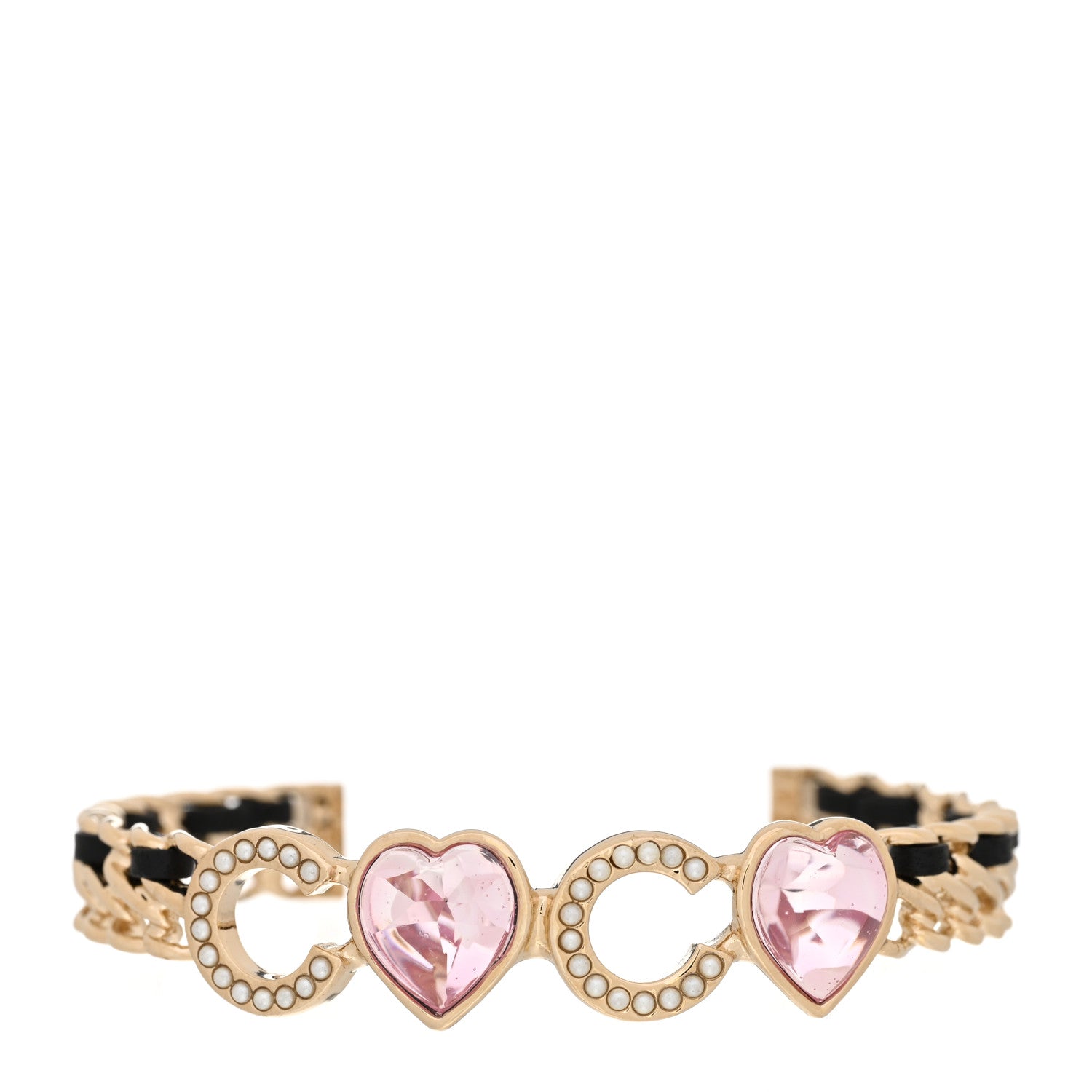 Chanel Crystal Pearl Coco Heart Chain Cuff Bracelet M Pink 1 of 6