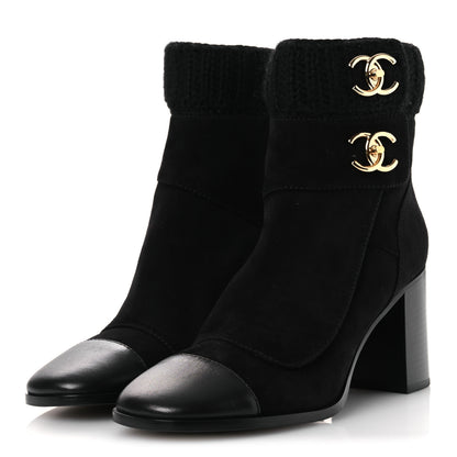 Chanel Suede Lambskin Knit CC Short Boots 39.5 Black 4 of 11