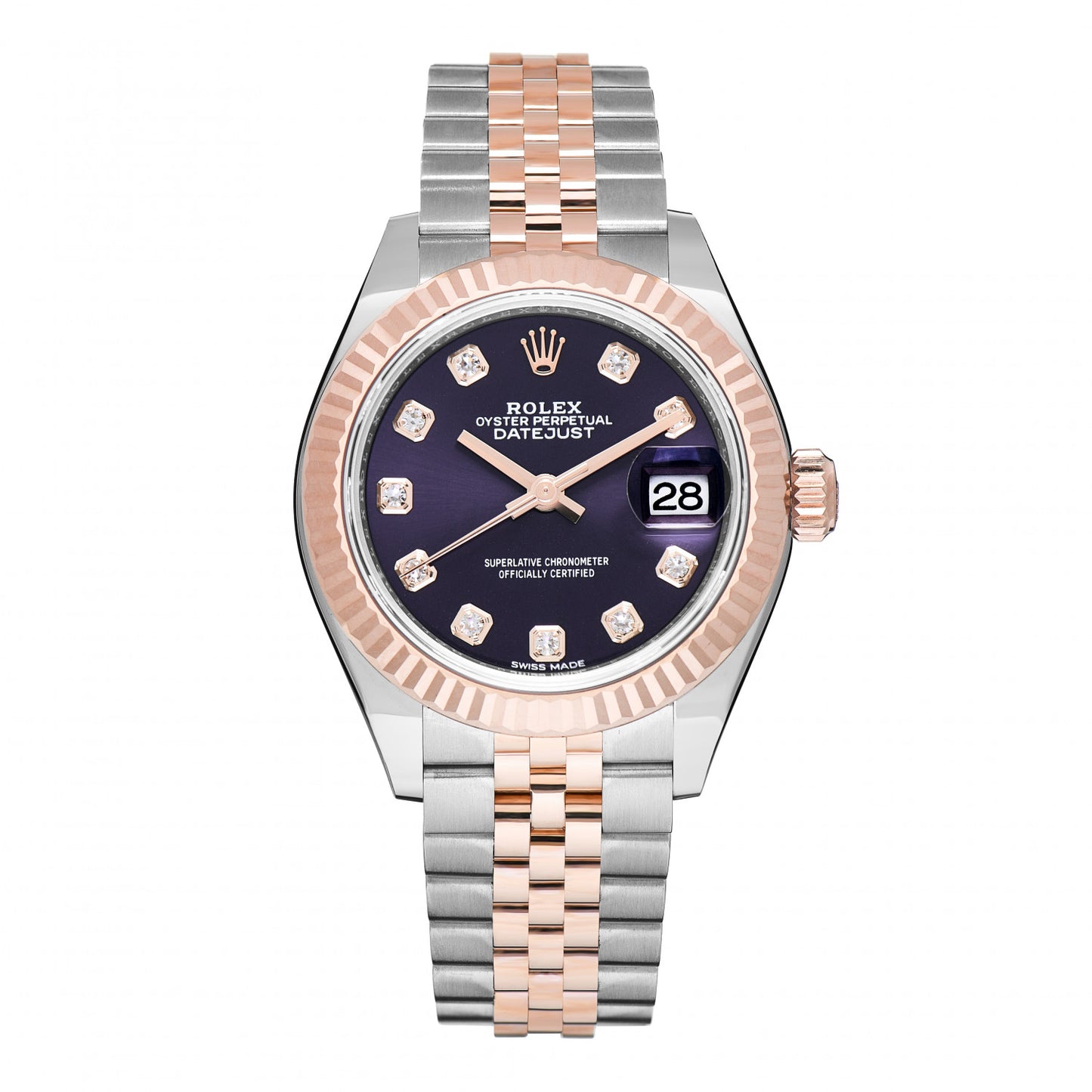 Stainless Steel 18K Everose Gold Diamond 28mm Oyster Perpetual Datejust Watch Aubergine 279171
