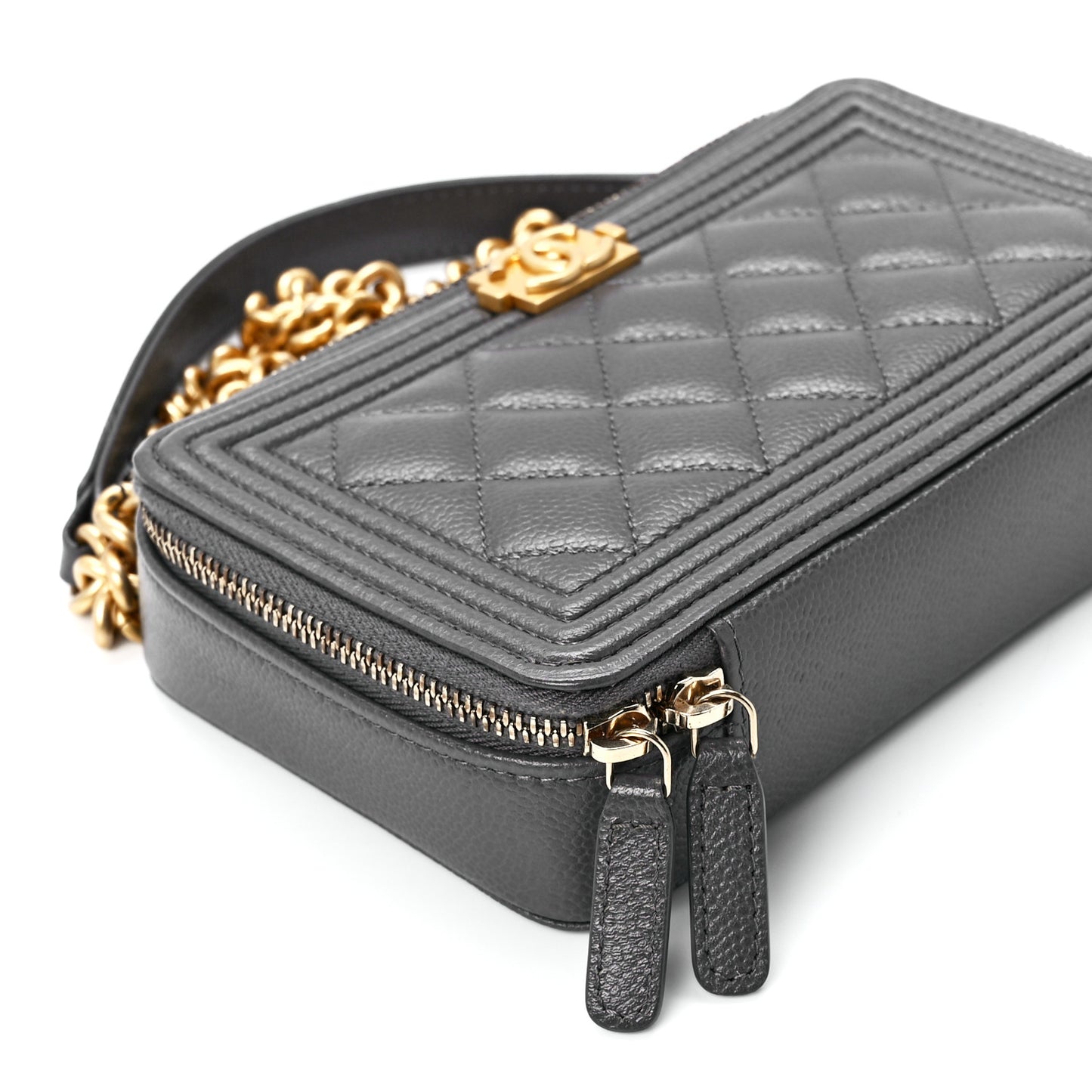 Caviar Quilted Boy Zip Phone Holder With Chain Grey