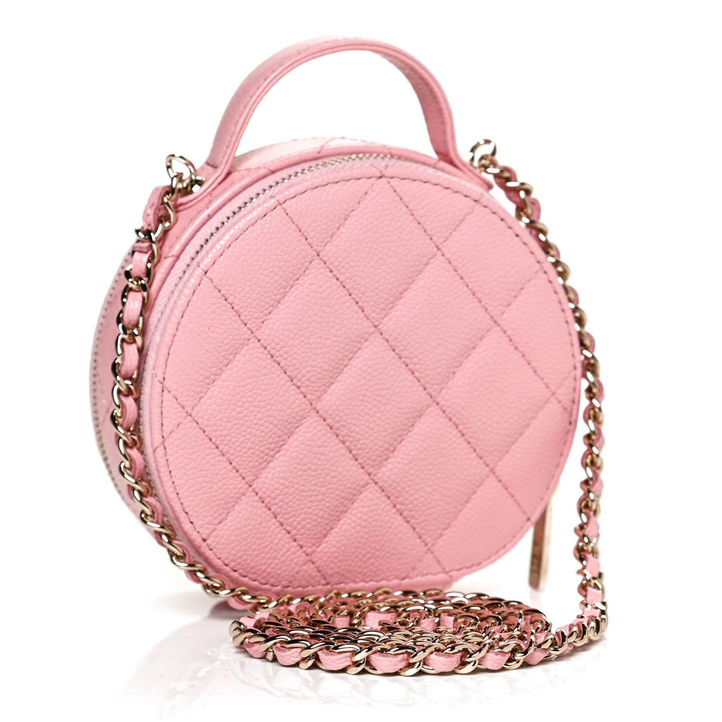 Caviar Quilted Round Handle With Care Vanity With Chain Pink