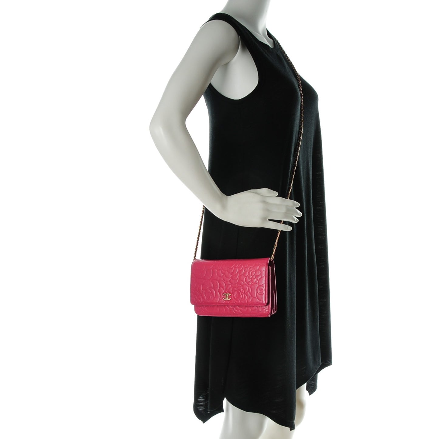 Lambskin Camellia Embossed Wallet on Chain WOC Pink
