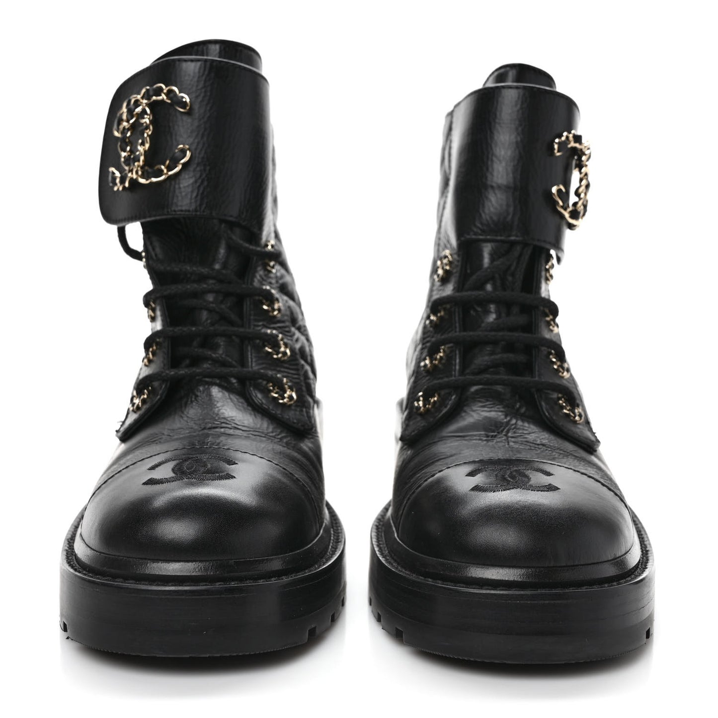 Shiny Goatskin Calfskin Quilted Lace Up Combat Boots 39 Black