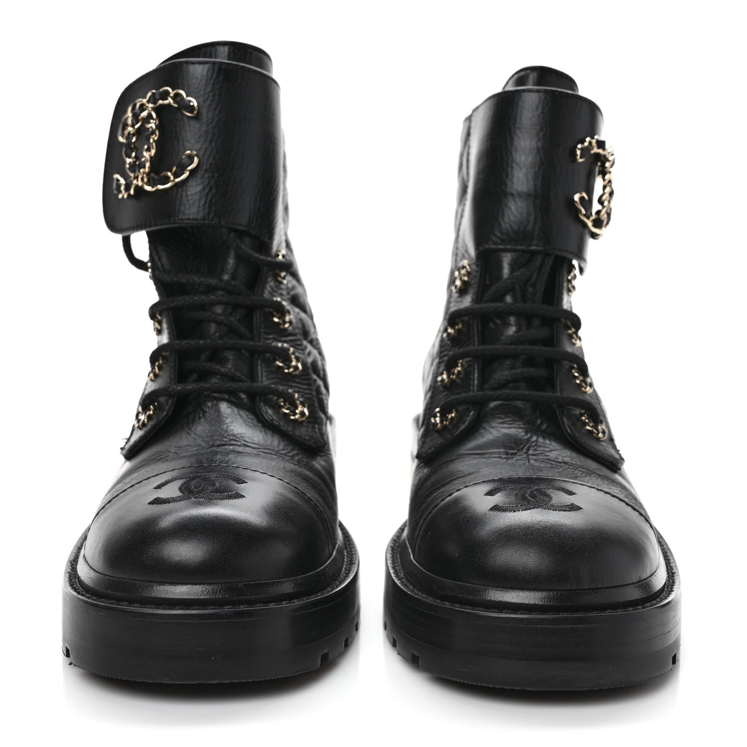 Chanel Shiny Goatskin Calfskin Quilted Lace Up Combat Boots 39 Black 2 of 9