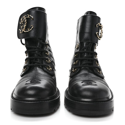 Chanel Shiny Goatskin Calfskin Quilted Lace Up Combat Boots 39 Black 2 of 9
