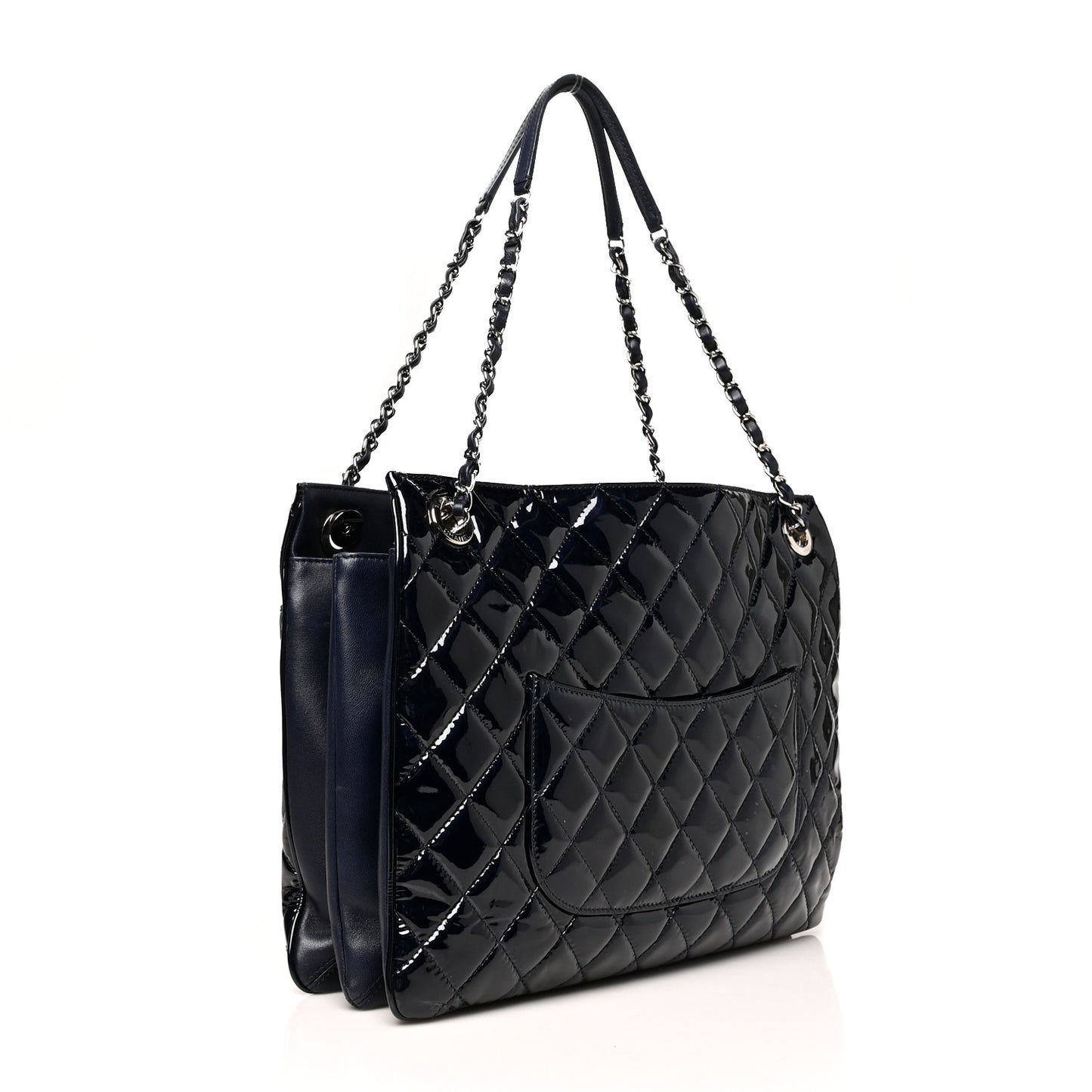 Patent Quilted Accordion Shopping Tote Navy