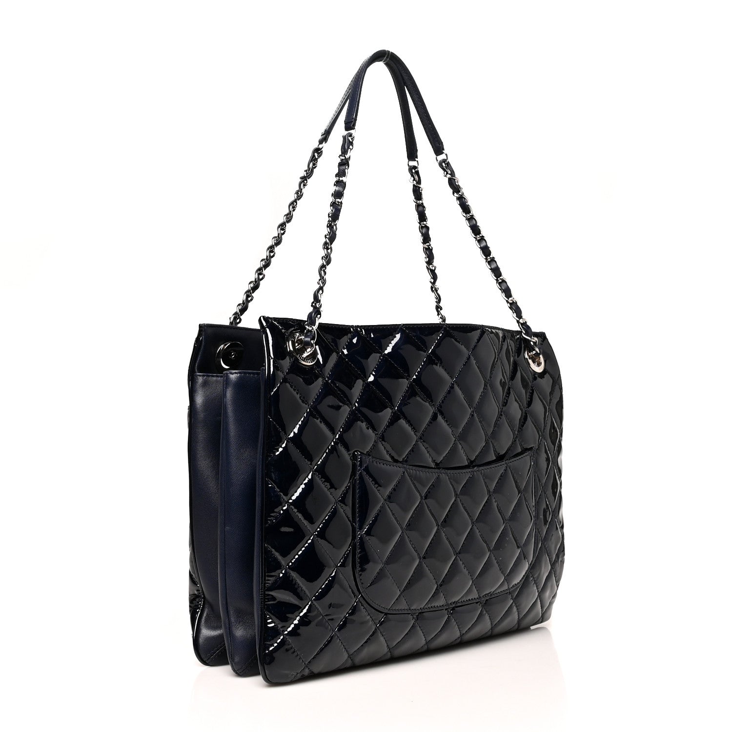 Chanel Patent Quilted Accordion Shopping Tote Navy 2 of 11