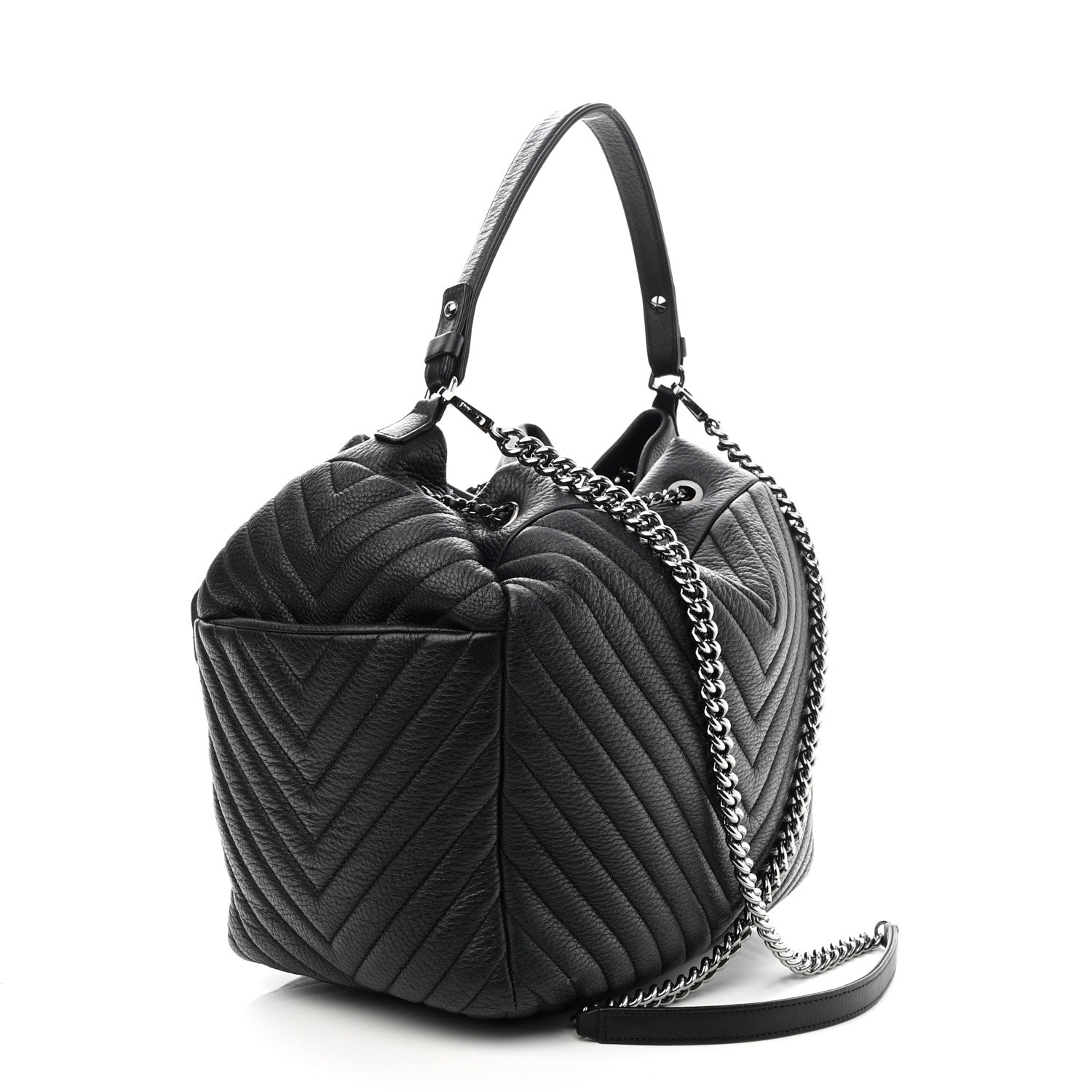 Chanel Deerskin Chevron Large CC Chain Bucket Drawstring Bag Black 3 of 9