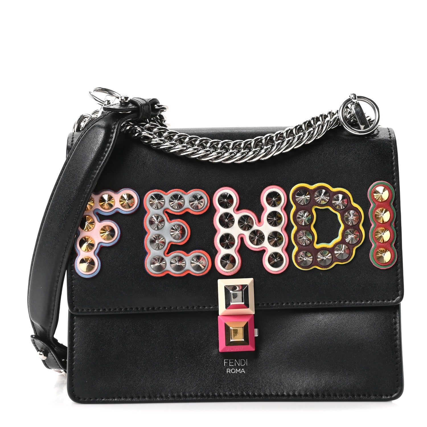 Fendi Vitello Liberty Fun Fair Metal Studded Small Kan I Shoulder Bag Black Multicolor 1 of 10