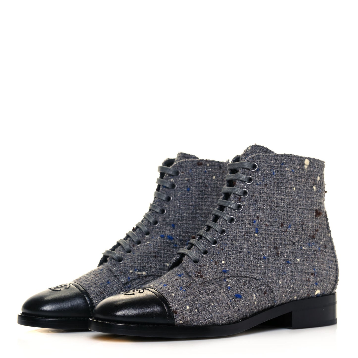 Tweed Lambskin Cap Toe CC Lace Up Boots 37 Grey Black