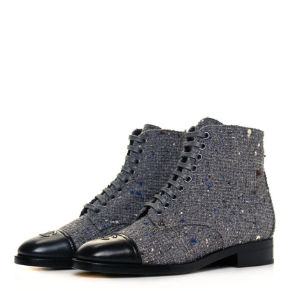 Chanel Tweed Lambskin Cap Toe CC Lace Up Boots 37 Grey Black 3 of 8