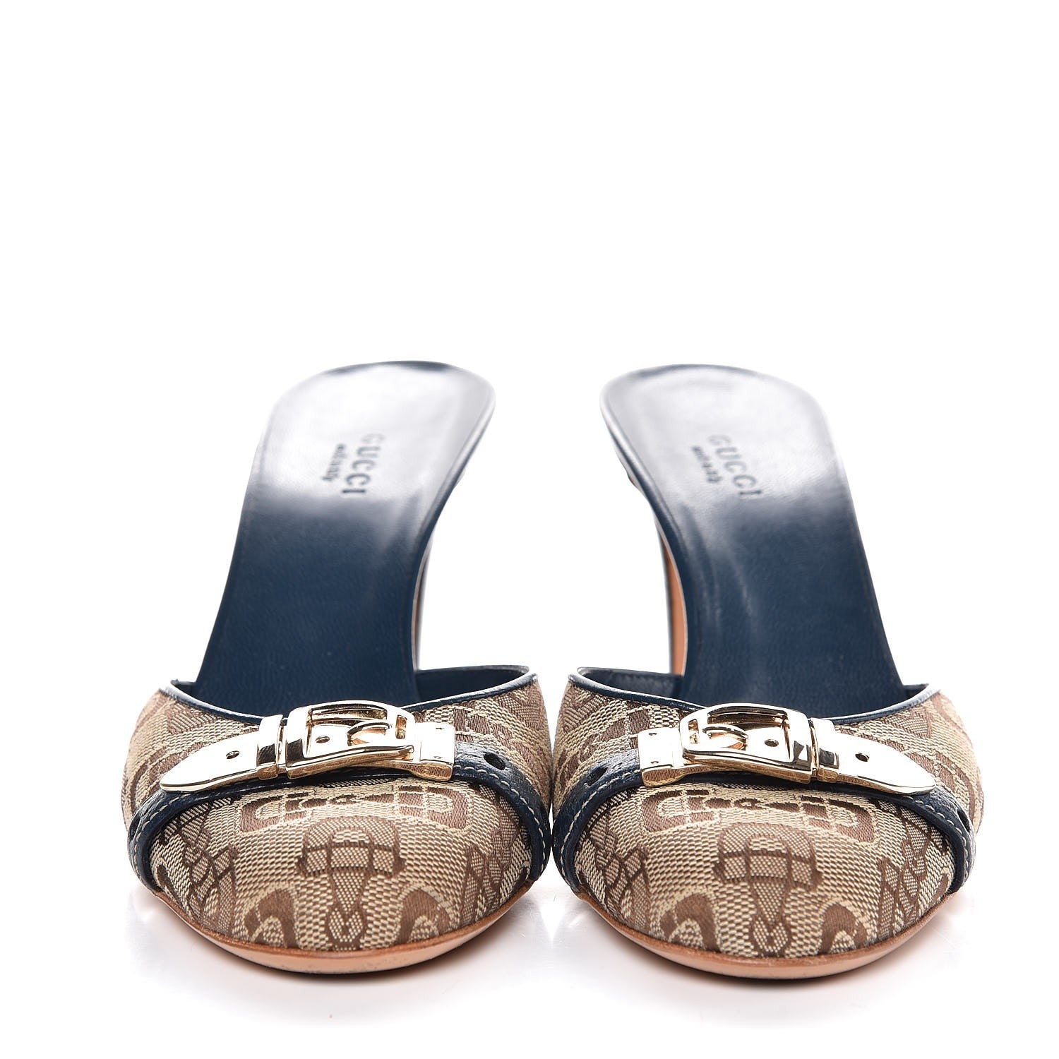 Gucci Canvas Horsebit Slides 7.5 Beige Blue 2 of 11