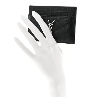 Saint Laurent Grain De Poudre Matelasse Chevron Monogram Credit Card Case Black 2 of 8