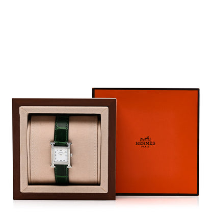 Hermes Stainless Steel Alligator Diamond Bezel Mother of Pearl 21mm Heure H Hour Quartz Watch Vert Moyen 5 of 5