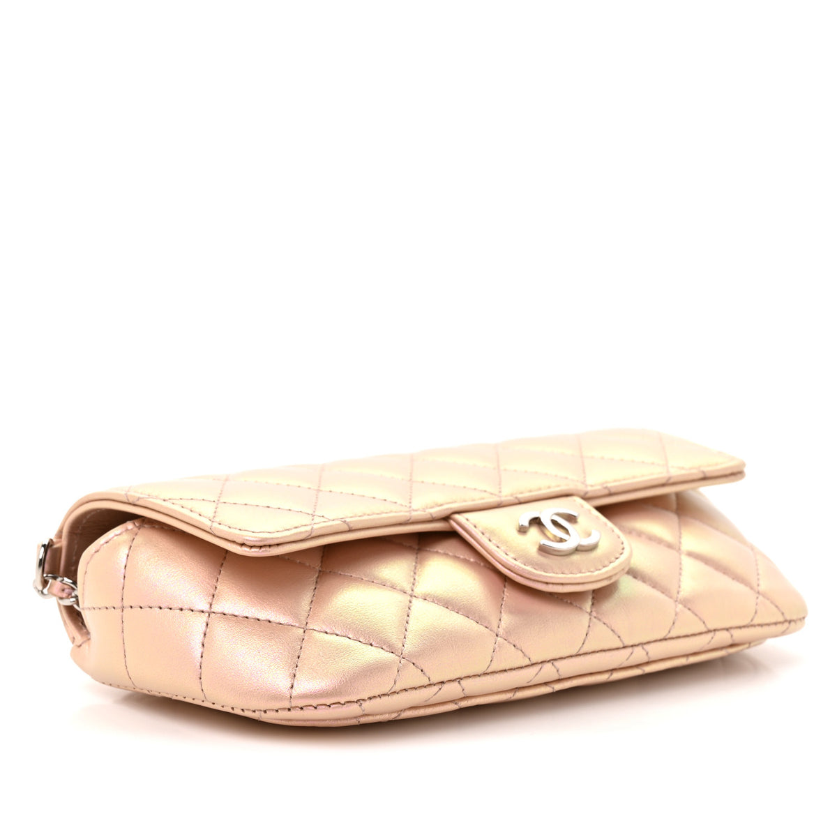 Iridescent Calfskin Quilted Glasses Case With Chain Pink