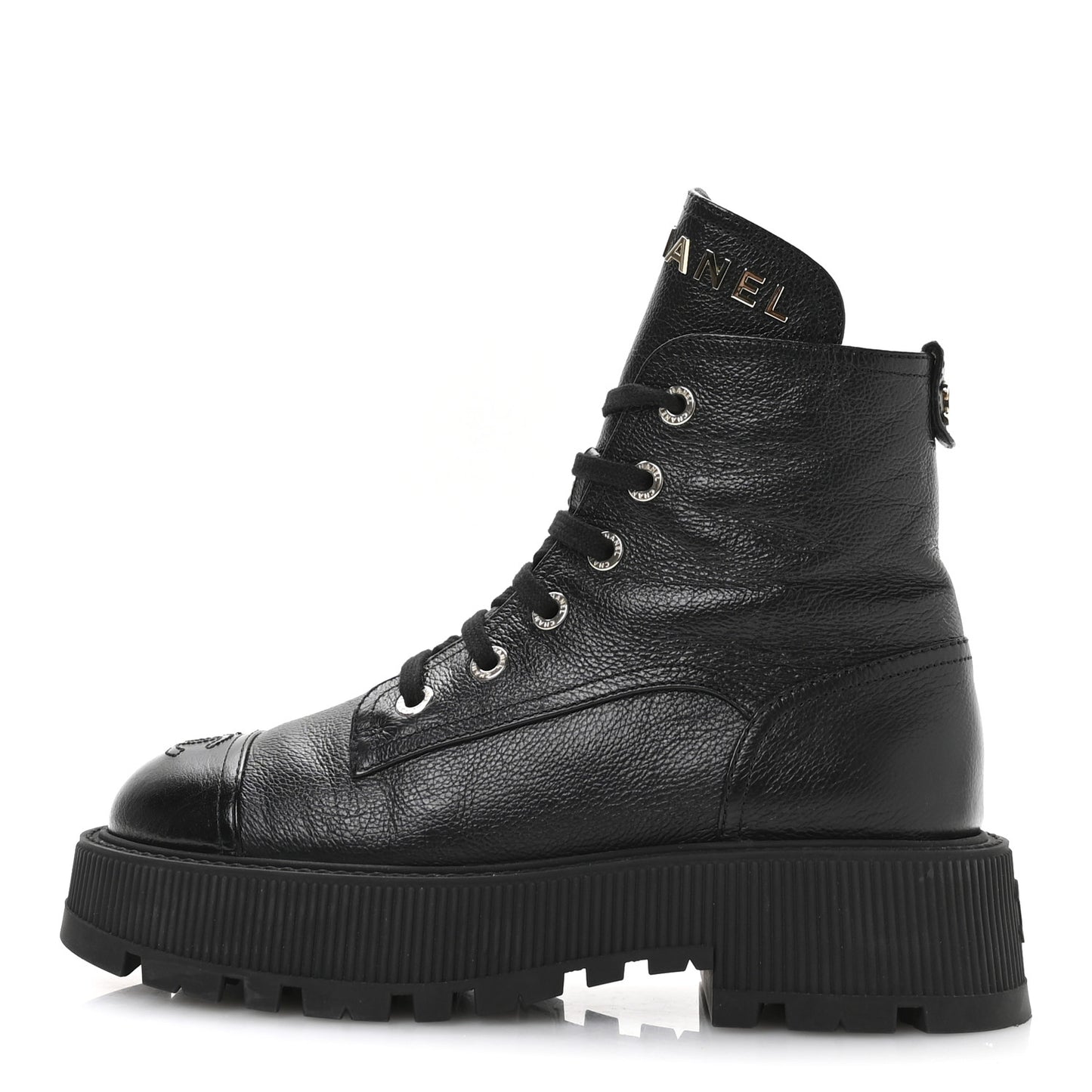 Grained Calfskin Shiny Calfskin CC Lace Up Combat Boots 39 Black