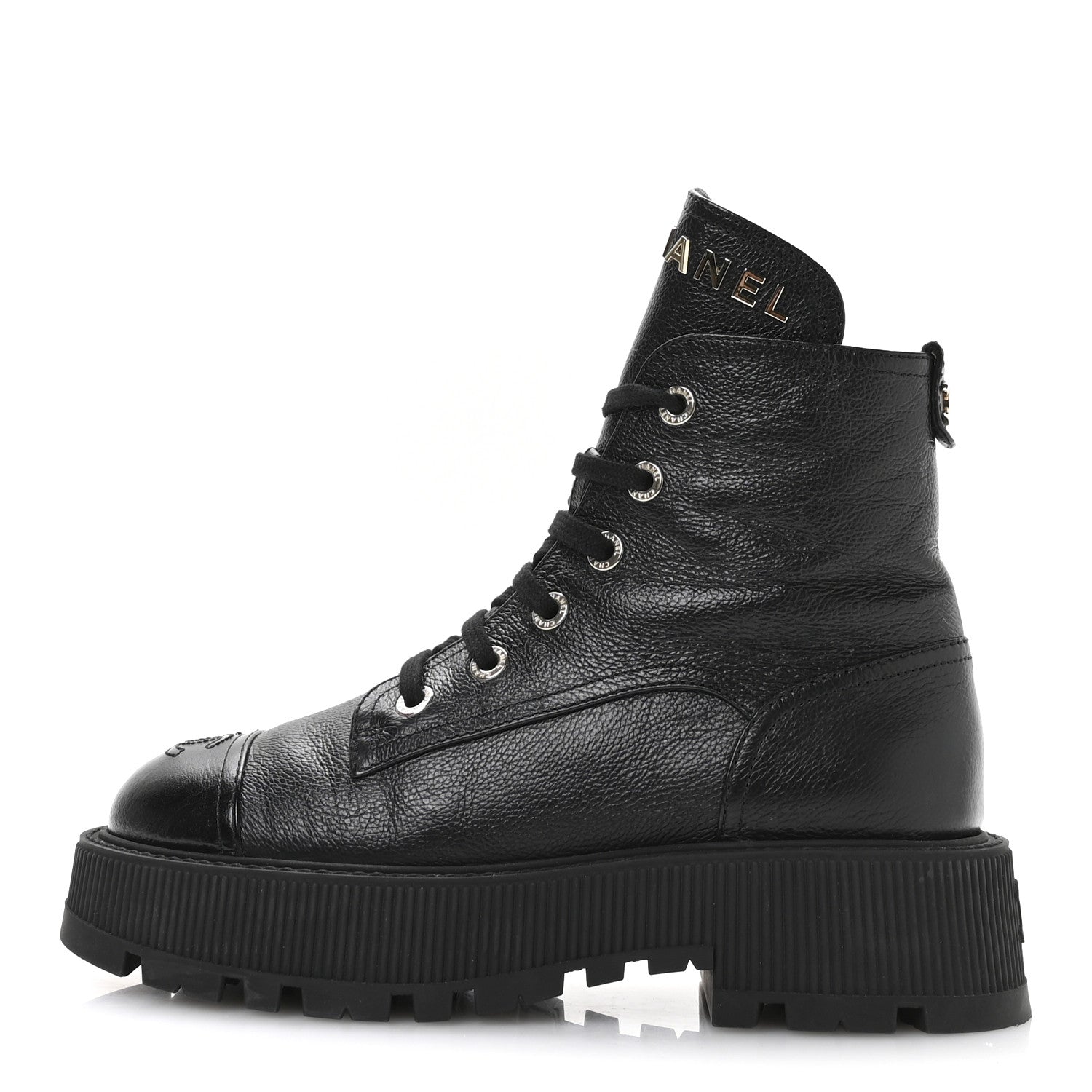 Chanel Grained Calfskin Shiny Calfskin CC Lace Up Combat Boots 39 Black 1 of 9