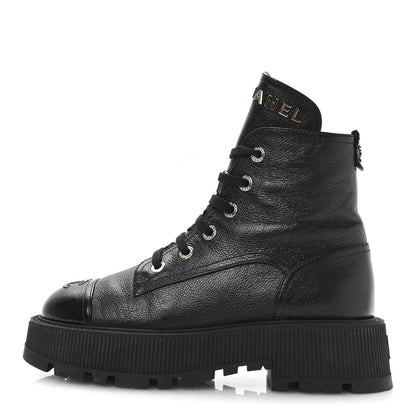 Chanel Grained Calfskin Shiny Calfskin CC Lace Up Combat Boots 39 Black 1 of 9