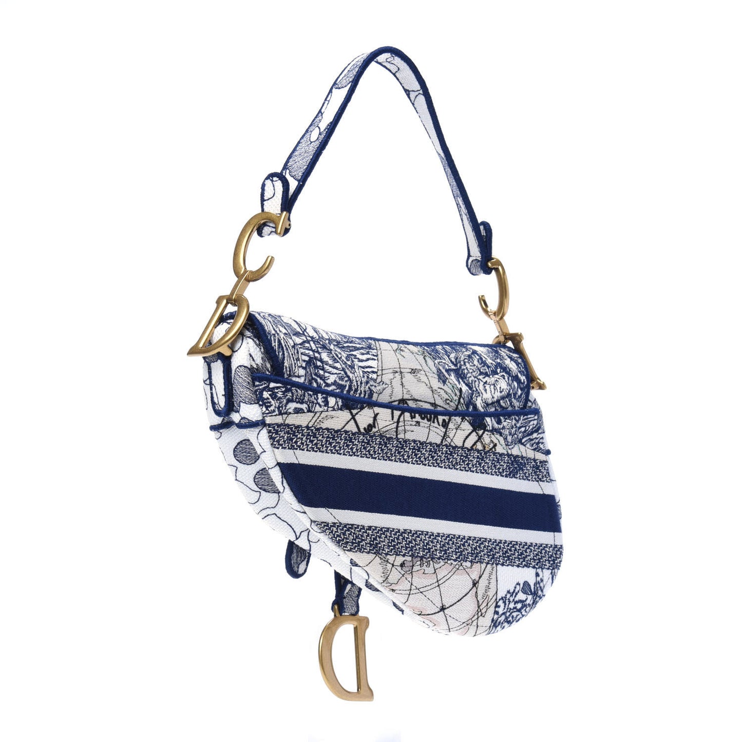 Canvas Embroidered Around the World Saddle Bag Blue