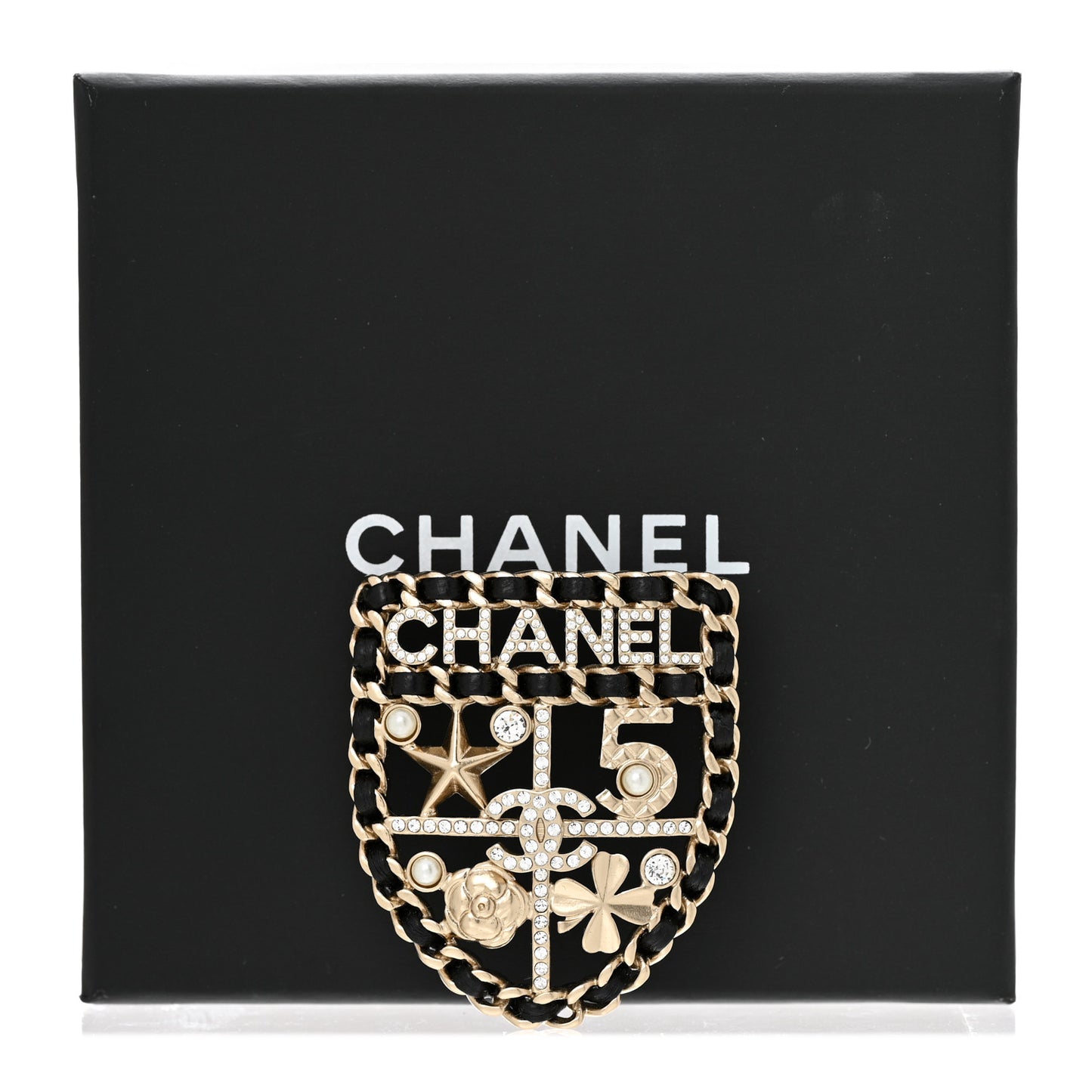 Lambskin Pearl Strass Sergeant Chanel Shield Brooch Gold