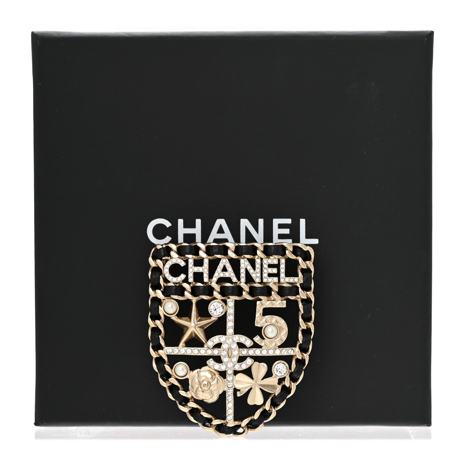 Chanel Lambskin Pearl Strass Sergeant Chanel Shield Brooch Gold 7 of 7