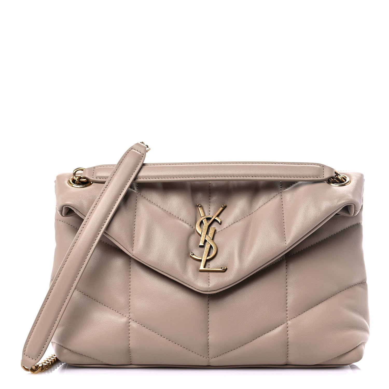 Saint Laurent Lambskin Quilted Small Loulou Puffer Monogram Chain Satchel Dark Beige 1 of 10