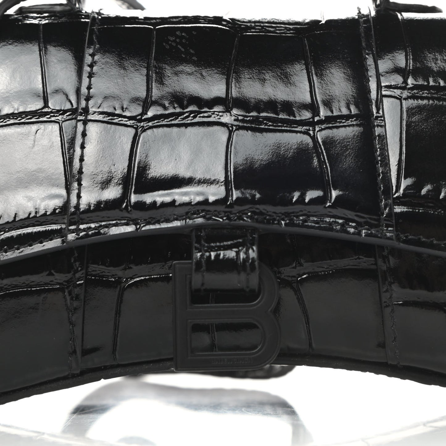 Shiny Calfskin Monochrome Crocodile Embossed Hourglass Top Handle Bag Mini Black