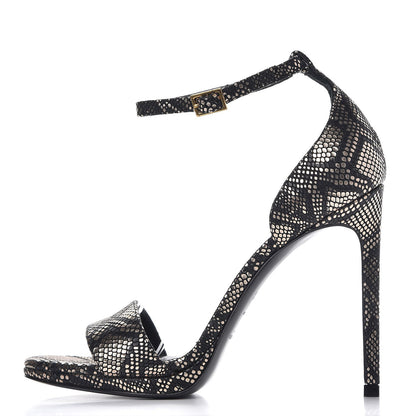 Saint Laurent Metallic Python Calfskin Embossed Disco Jane 105 Ankle Strap Sandals 36.5 Black Gold 1 of 8