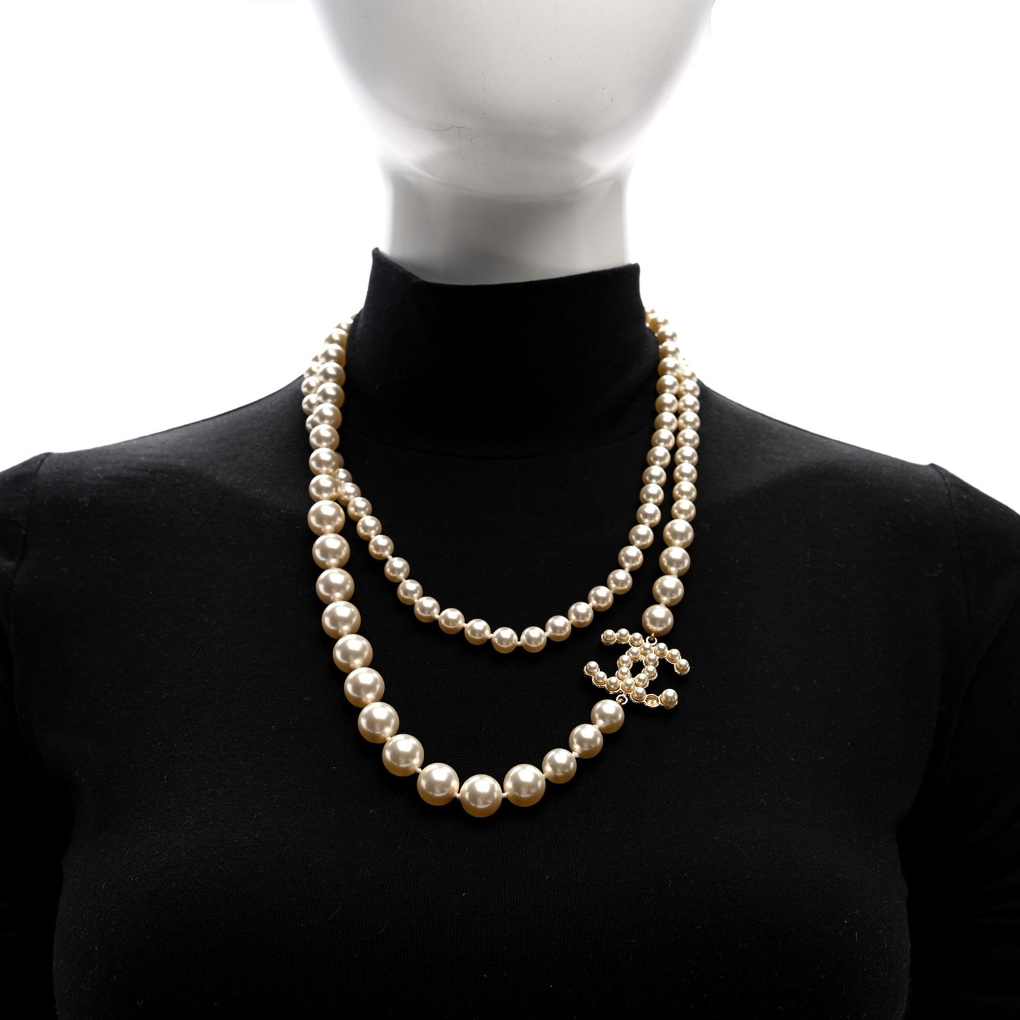 Graduated Pearl Crystal CC Necklace White