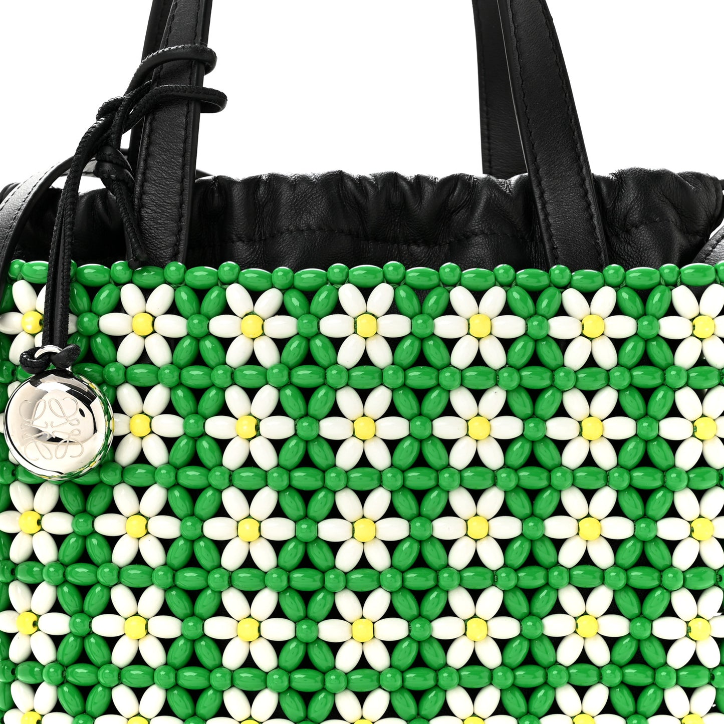 Beaded Mini Flower Drawstring Shoulder Bag Green White