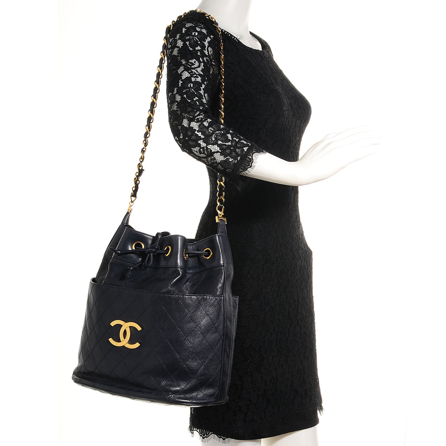 Chanel Lambskin Diamond Stitched CC Drawstring Bag Navy Blue 2 of 6