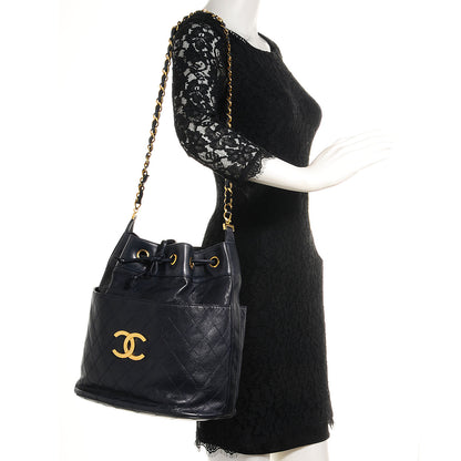 Chanel Lambskin Diamond Stitched CC Drawstring Bag Navy Blue 2 of 6
