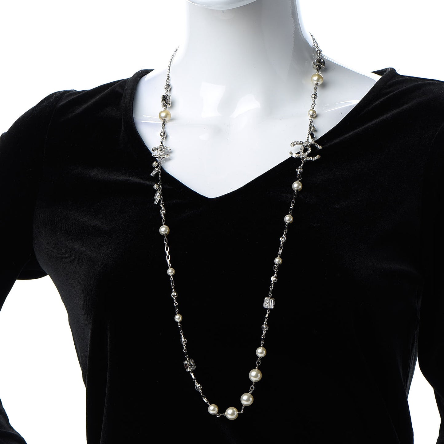 Pearl Baguette Crystal CC Long Necklace Silver