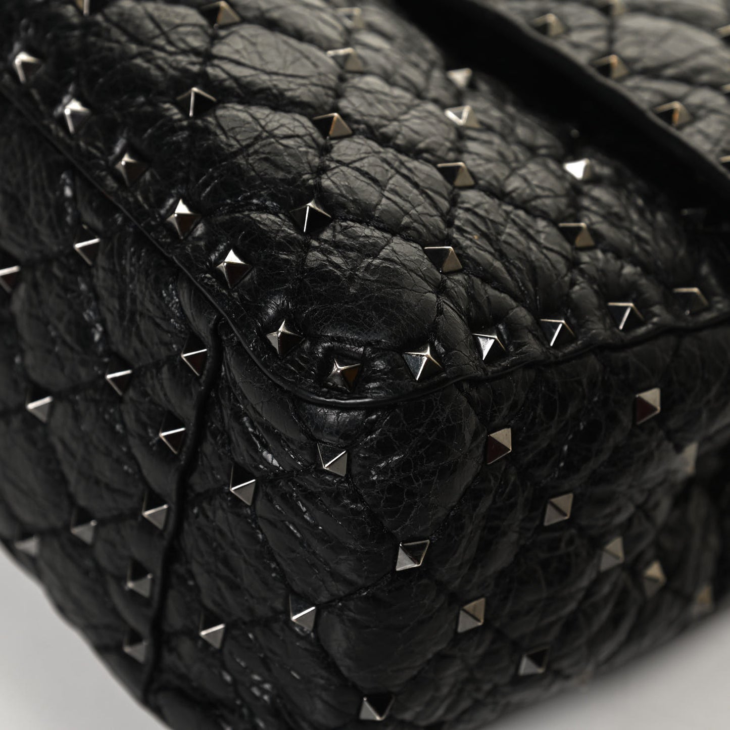 Craquele Nappa Large Rockstud Spike Shoulder Bag Black