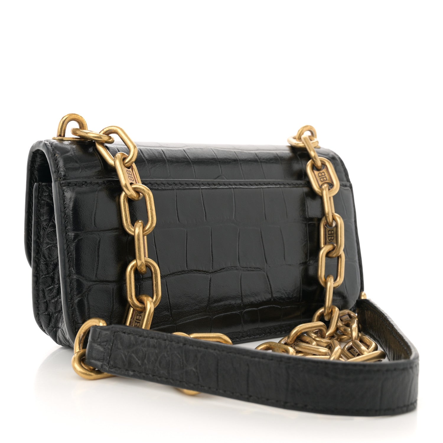 Balenciaga Extra Supple Calfskin Crocodile Embossed Gossip Wallet On Chain Black 3 of 11