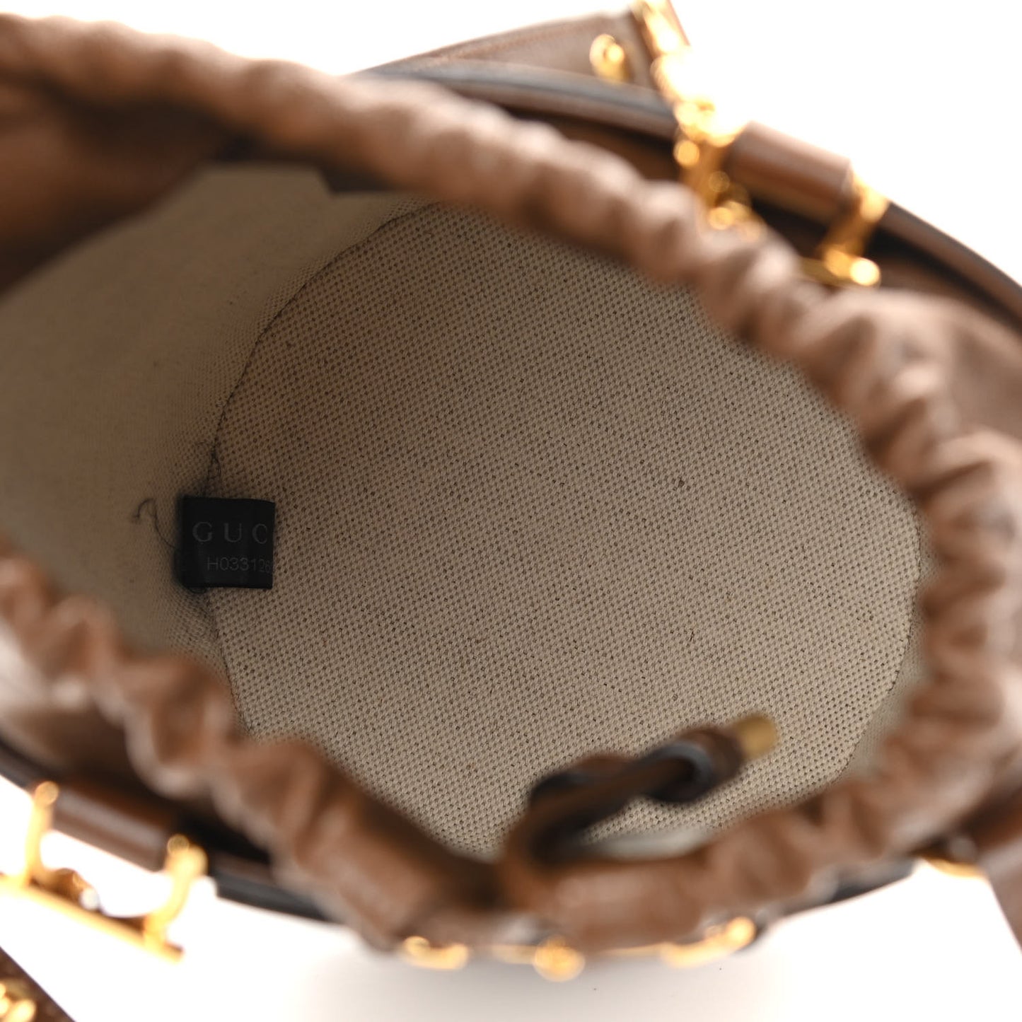 GG Supreme Monogram Azalea Sakai Calfskin Small Horsebit 1955 Drawstring Bucket Bag Beige Ebony Brown Sugar
