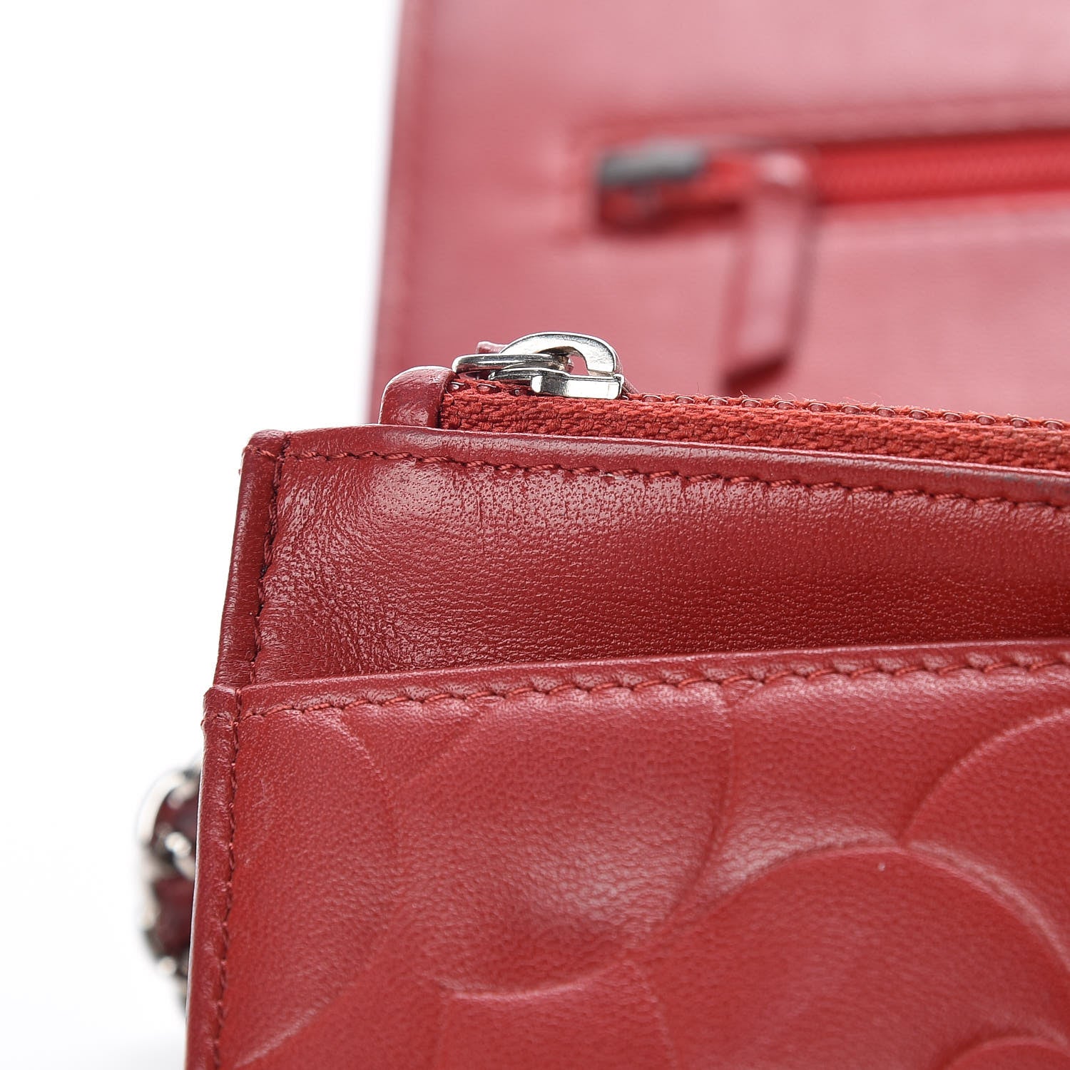 Chanel Lambskin Camellia Embossed Wallet On Chain WOC Red 14 of 19