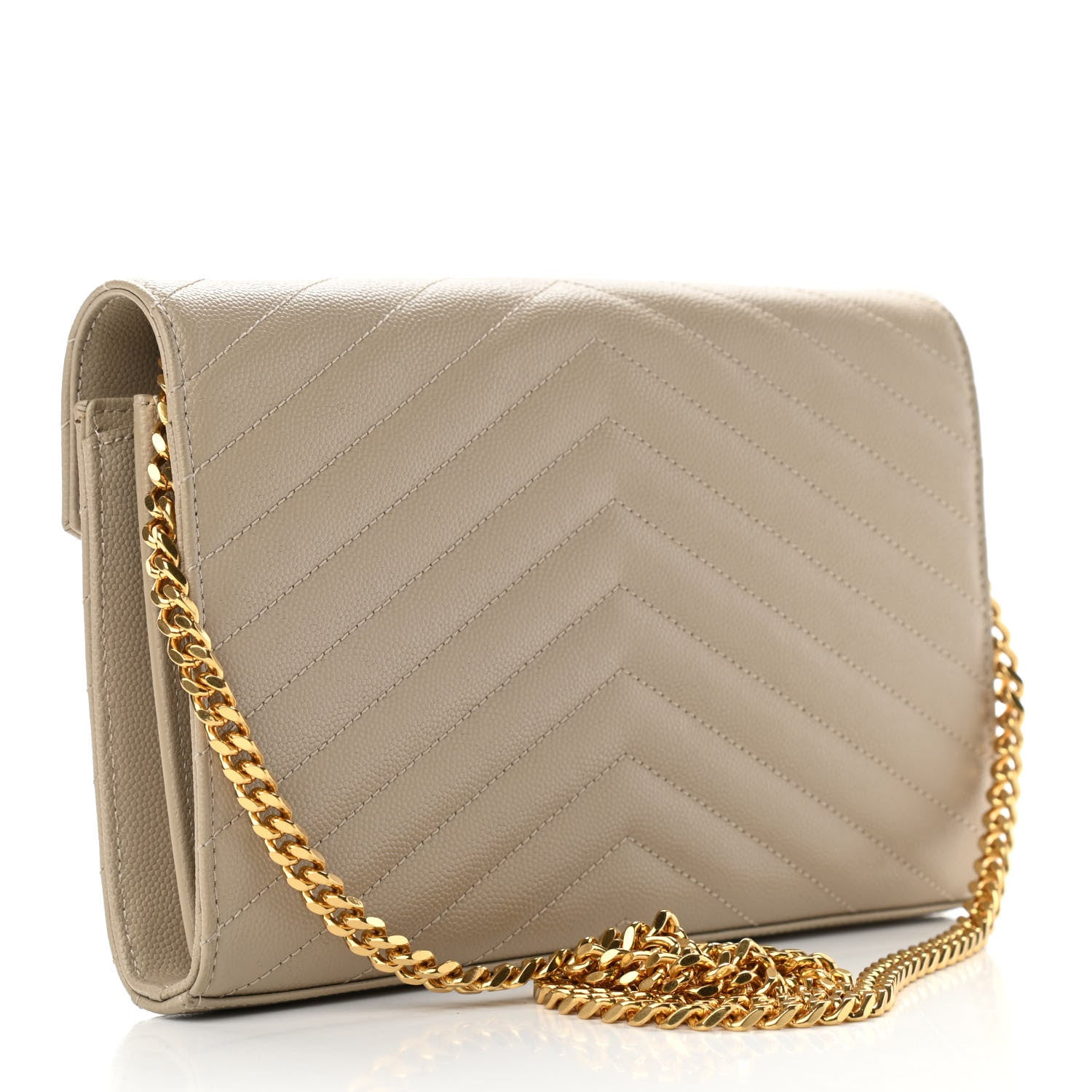 Saint Laurent Grain De Poudre Matelasse Chevron Monogram Chain Wallet Sea Salt 3 of 10