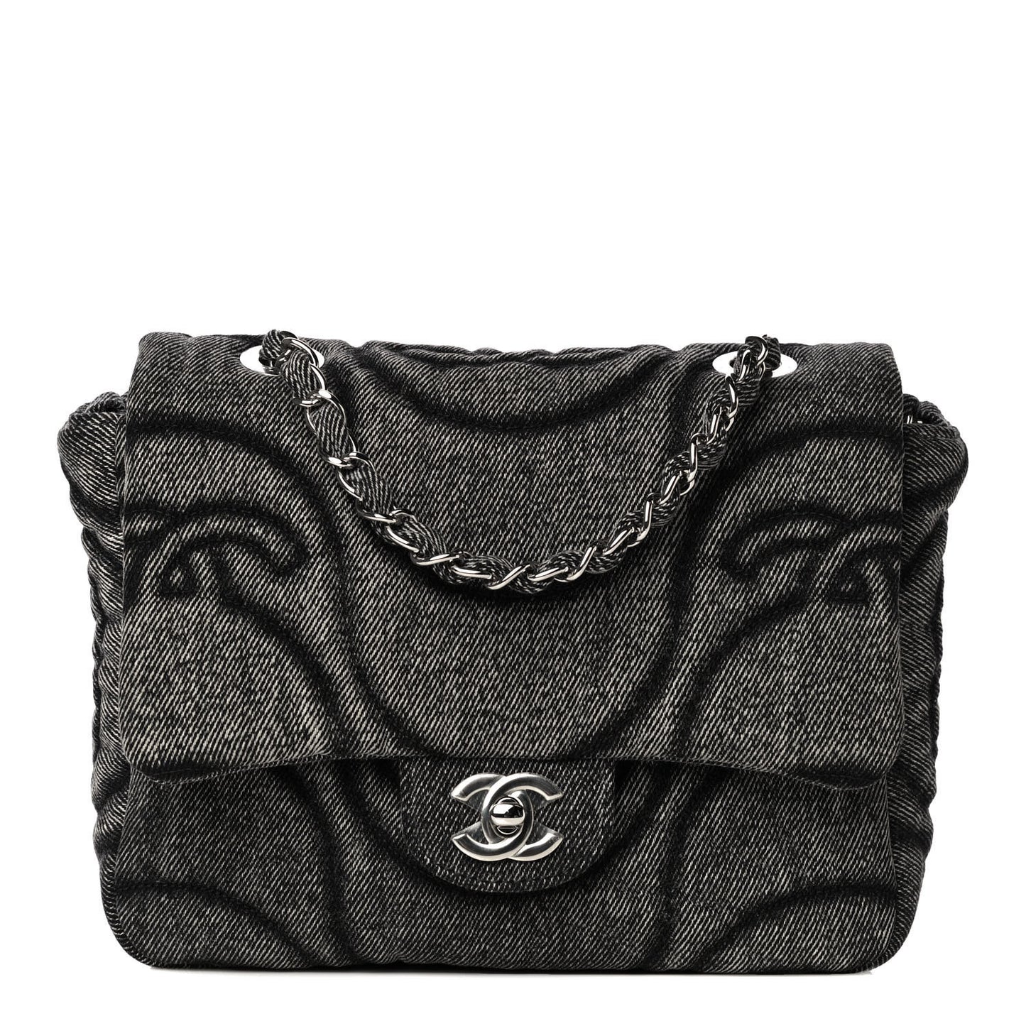 Denim Embossed CC Logo Print Mini Single Flap Black